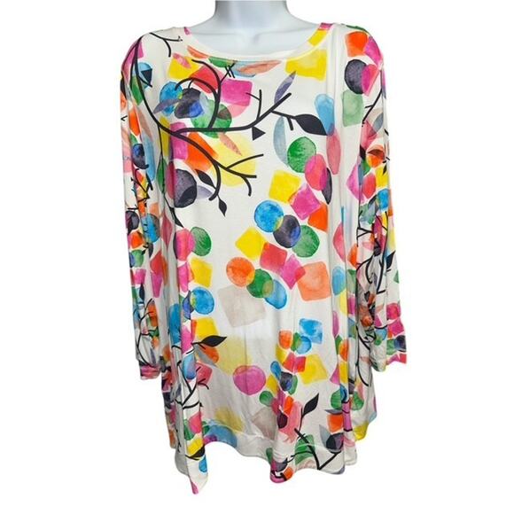 Ali Miles 1X Top Fancy Pink Blue Green Geometric Art Stretch Pullover 3/4 Sleeve - Picture 1 of 7